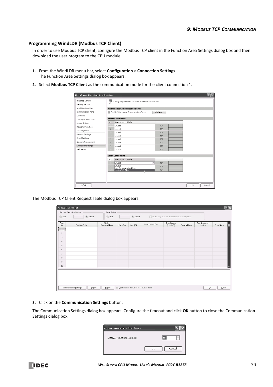 Programming windldr (modbus tcp client) -3, Tcp c | IDEC MicroSmart Pentra User Manual | Page 91 / 168