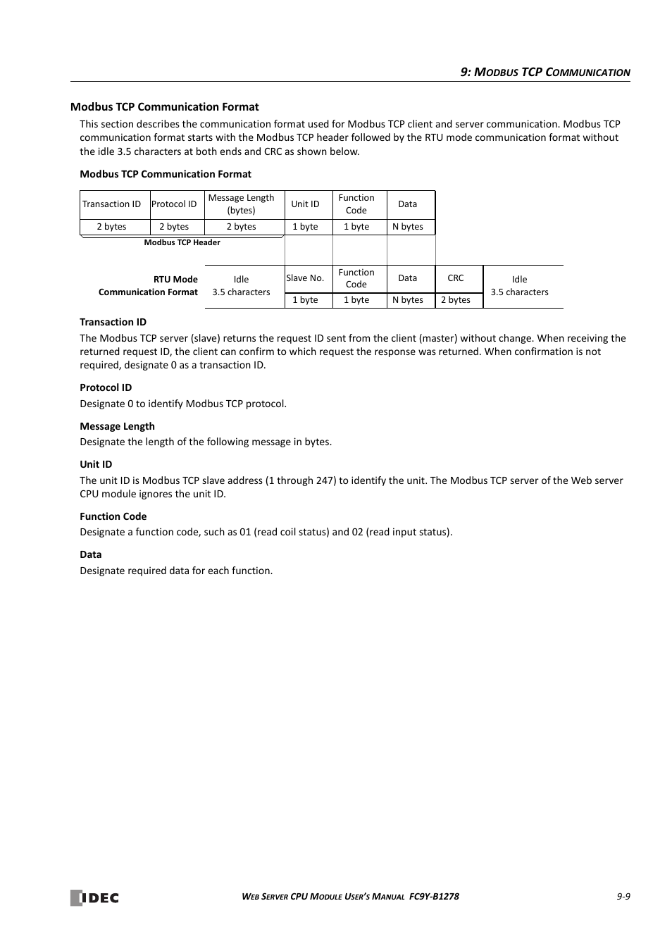 Modbus tcp communication format -9, Tcp c | IDEC MicroSmart Pentra User Manual | Page 97 / 168