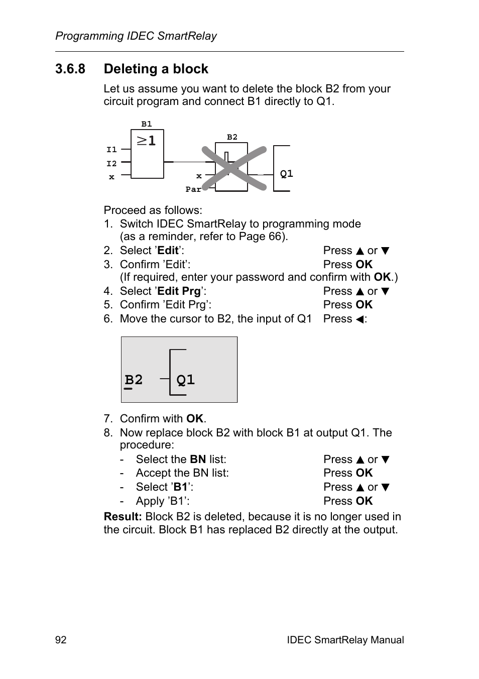 8 deleting a block, Deleting a block, B2 q1 | IDEC FL1E SmartRelay User Manual | Page 106 / 356