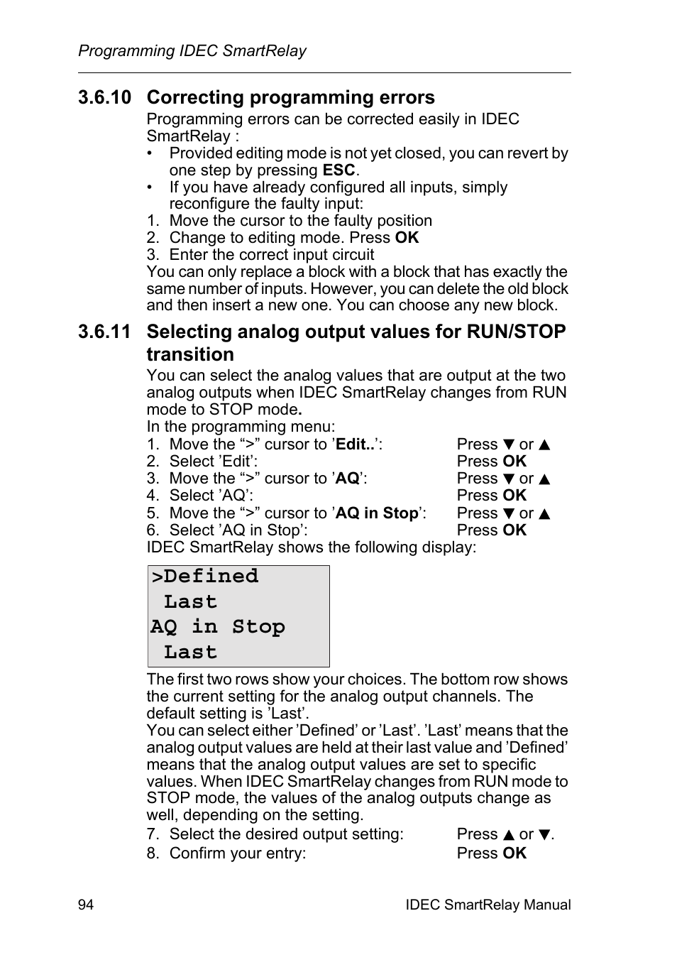 10 correcting programming errors, Correcting programming errors, Defined last aq in stop last | IDEC FL1E SmartRelay User Manual | Page 108 / 356