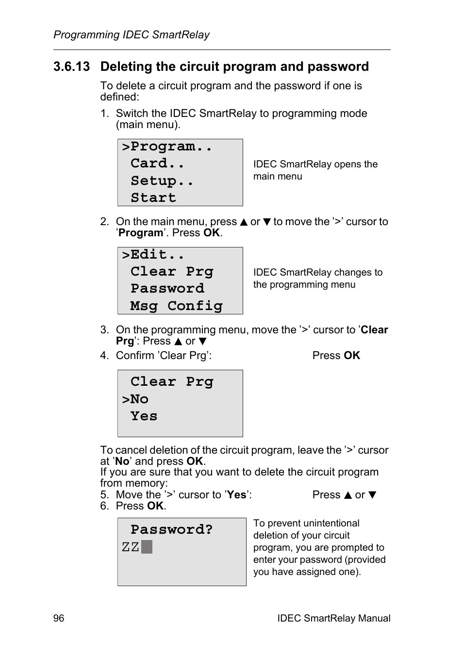 13 deleting the circuit program and password, Deleting the circuit program and password, Password? zz | Program.. card.. setup.. start, Edit.. clear prg password msg config, Clear prg >no yes | IDEC FL1E SmartRelay User Manual | Page 110 / 356