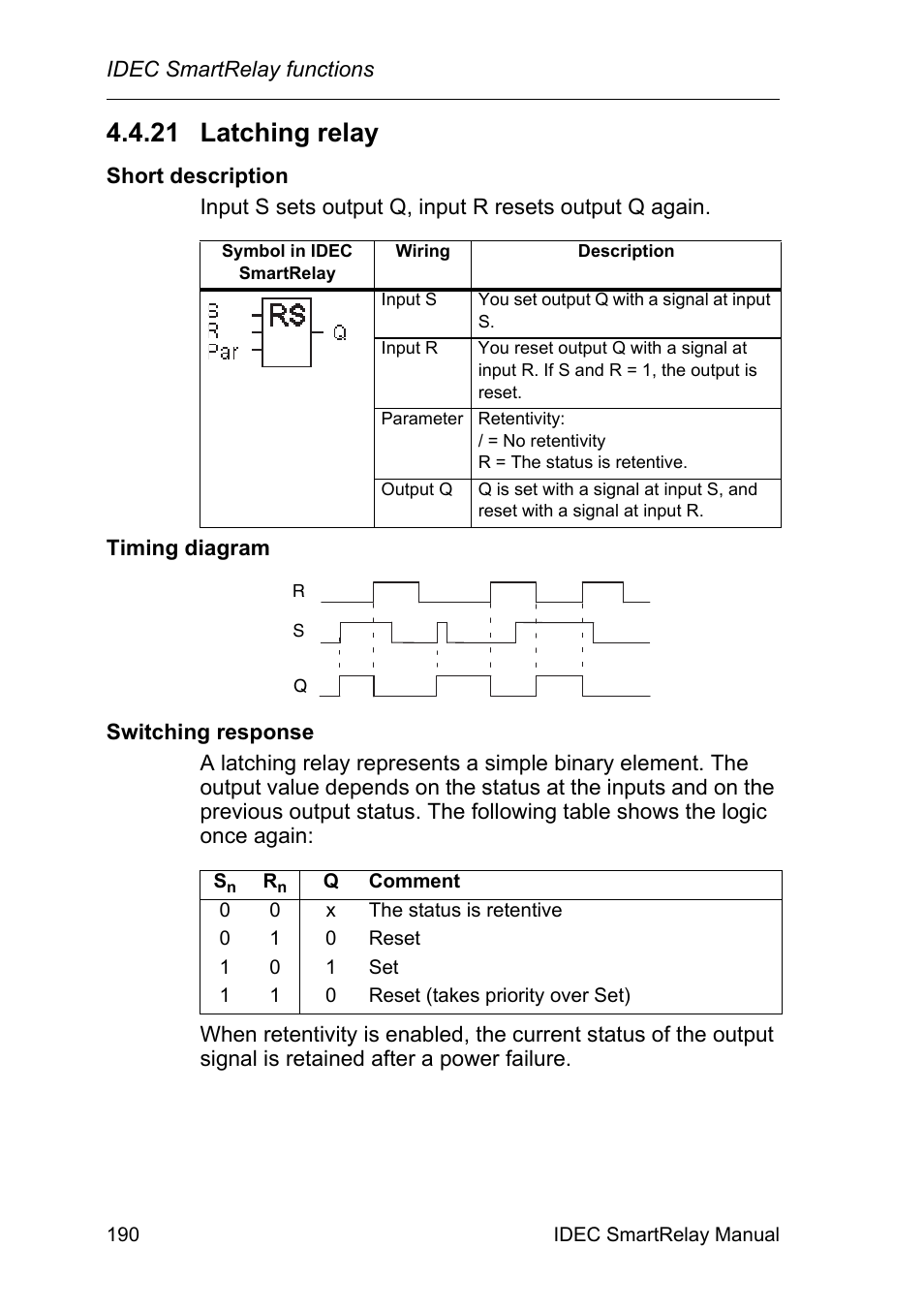 21 latching relay, Latching relay | IDEC FL1E SmartRelay User Manual | Page 204 / 356