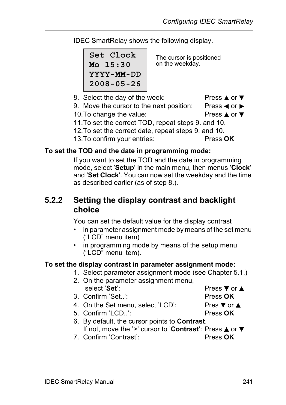 Setting the display contrast and backlight choice, R 5.2.2 | IDEC FL1E SmartRelay User Manual | Page 255 / 356