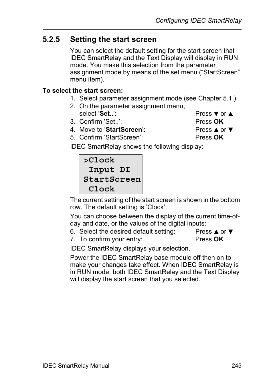 5 setting the start screen, Setting the start screen, Clock input di startscreen clock | IDEC FL1E SmartRelay User Manual | Page 259 / 356