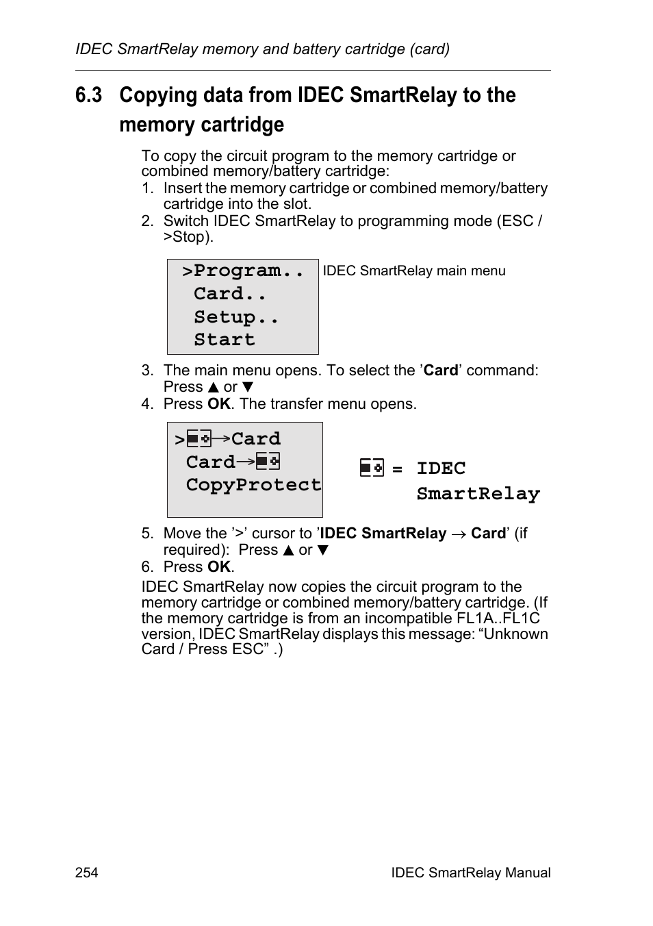 Copying data from idec smartrelay, To the memory cartridge, Program.. card.. setup.. start | Card card copyprotect = idec smartrelay | IDEC FL1E SmartRelay User Manual | Page 268 / 356