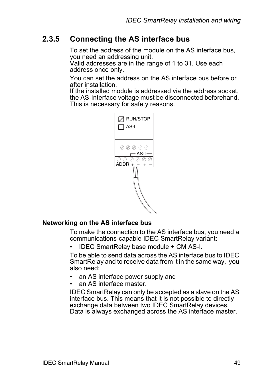 5 connecting the as interface bus, Connecting the as interface bus | IDEC FL1E SmartRelay User Manual | Page 63 / 356