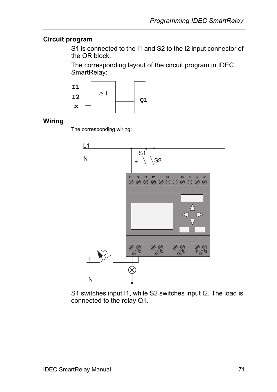 Programming idec smartrelay, Idec smartrelay manual 71, L1 n s1 s2 l n | IDEC FL1E SmartRelay User Manual | Page 85 / 356