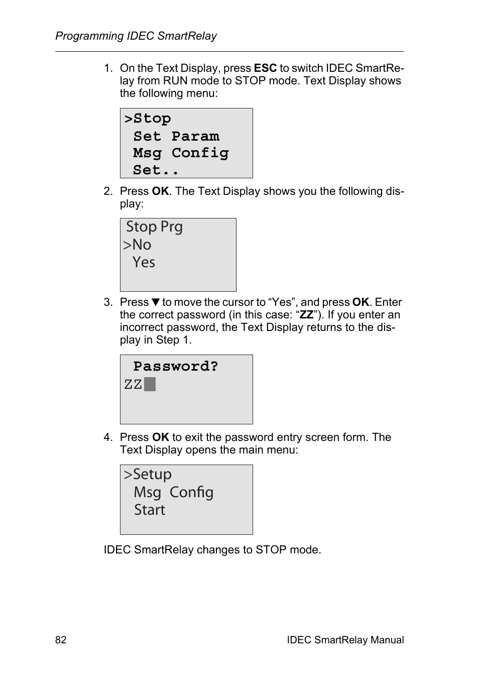 Stop set param msg config set, Stop prg >no yes, Password? zz | Setup msg config start | IDEC FL1E SmartRelay User Manual | Page 96 / 356