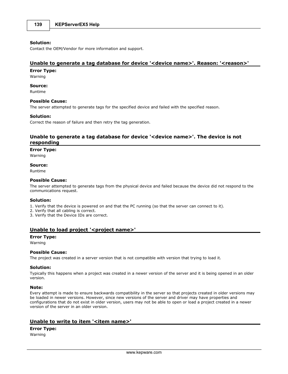 Unable to load project '<project name, Unable to write to item '<item name | IDEC WindSRV User Manual | Page 140 / 165