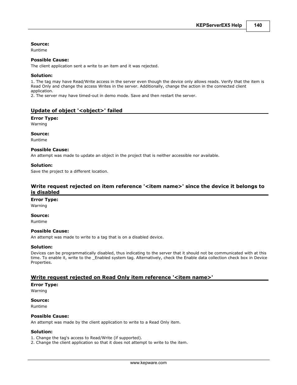 Update of object '<object>' failed | IDEC WindSRV User Manual | Page 141 / 165
