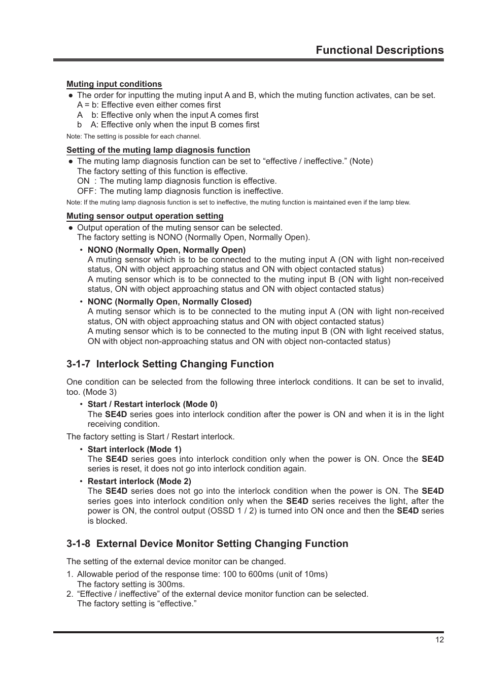 Functional descriptions, 1-7 interlock setting changing function | IDEC SE4D Type 4 Hand User Manual | Page 13 / 36
