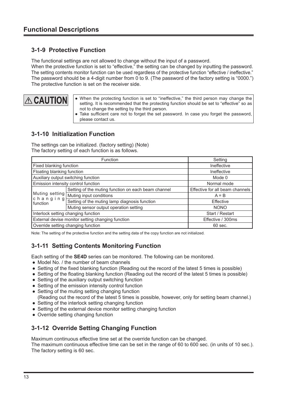 Functional descriptions, 1-9 protective function, 1-10 initialization function | 1-11 setting contents monitoring function, 1-12 override setting changing function | IDEC SE4D Type 4 Hand User Manual | Page 14 / 36