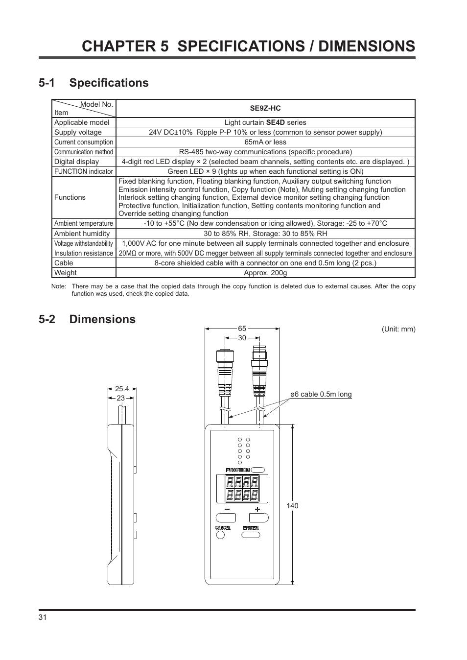 Chapter 5 specifications / dimensions, 1 specifications, 2 dimensions | IDEC SE4D Type 4 Hand User Manual | Page 32 / 36