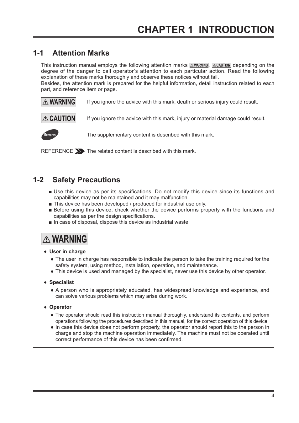 Chapter 1 introduction, 1 attention marks, 2 safety precautions | IDEC SE4D Type 4 Hand User Manual | Page 5 / 36