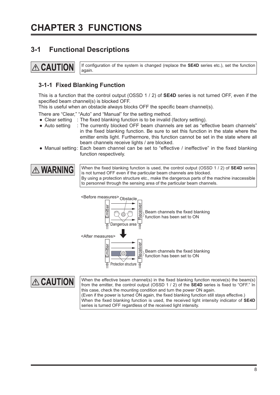 Chapter 3 functions, 1 functional descriptions, 1-1 fixed blanking function | IDEC SE4D Type 4 Hand User Manual | Page 9 / 36