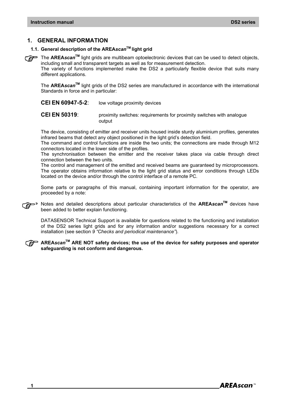 General information, General description of the areascan light grid | IDEC DS2_Series User Manual | Page 2 / 45