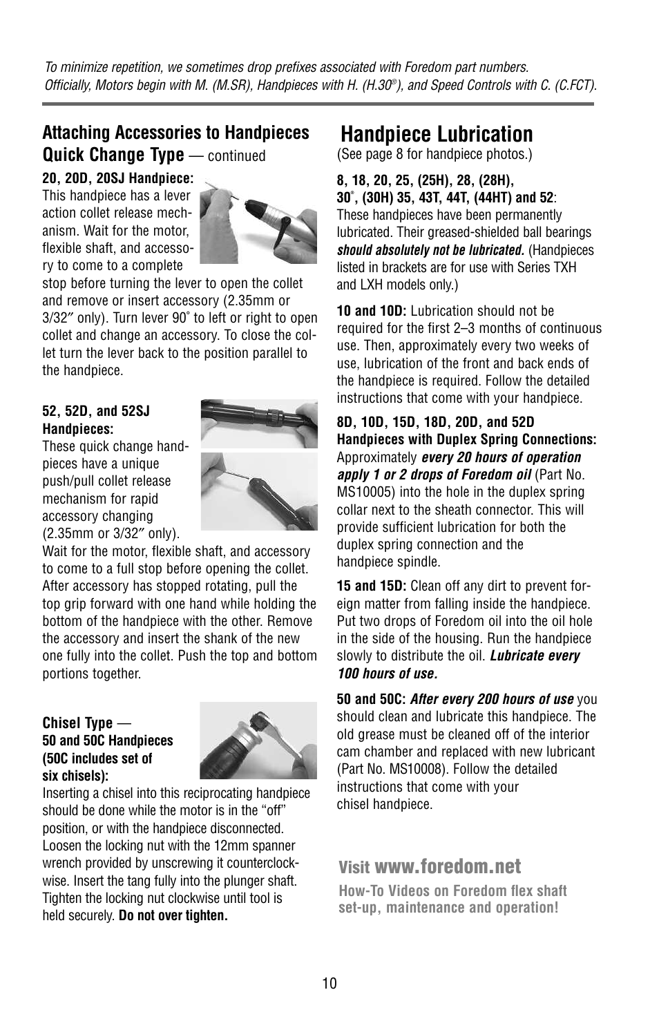 Handpiece lubrication, Visit | Foredom Series SR User Manual | Page 10 / 16