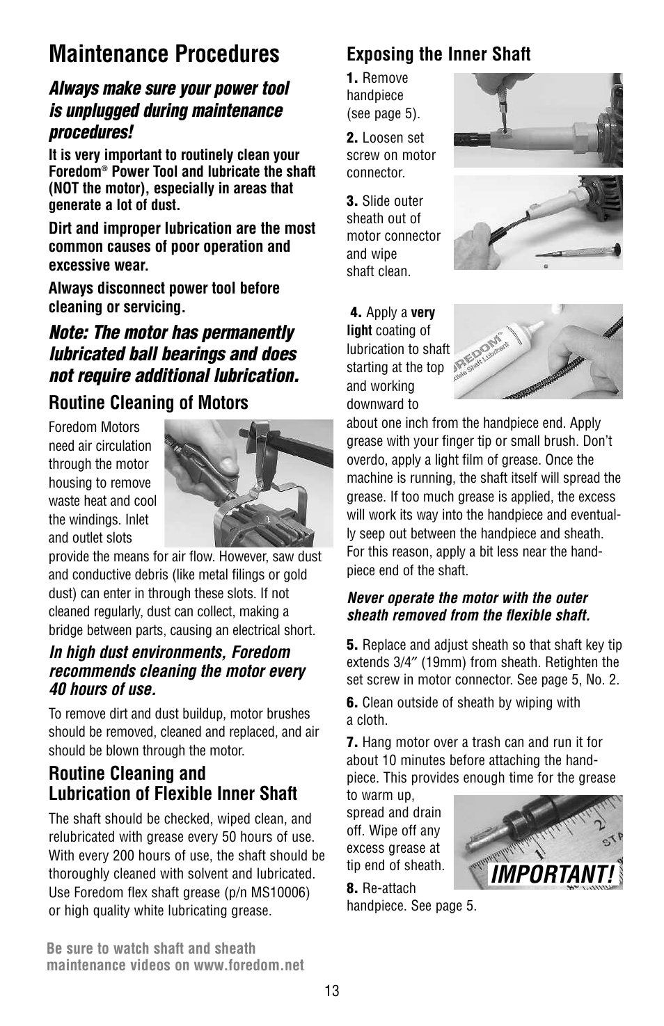 Important! maintenance procedures, Exposing the inner shaft | Foredom Series SR User Manual | Page 13 / 16