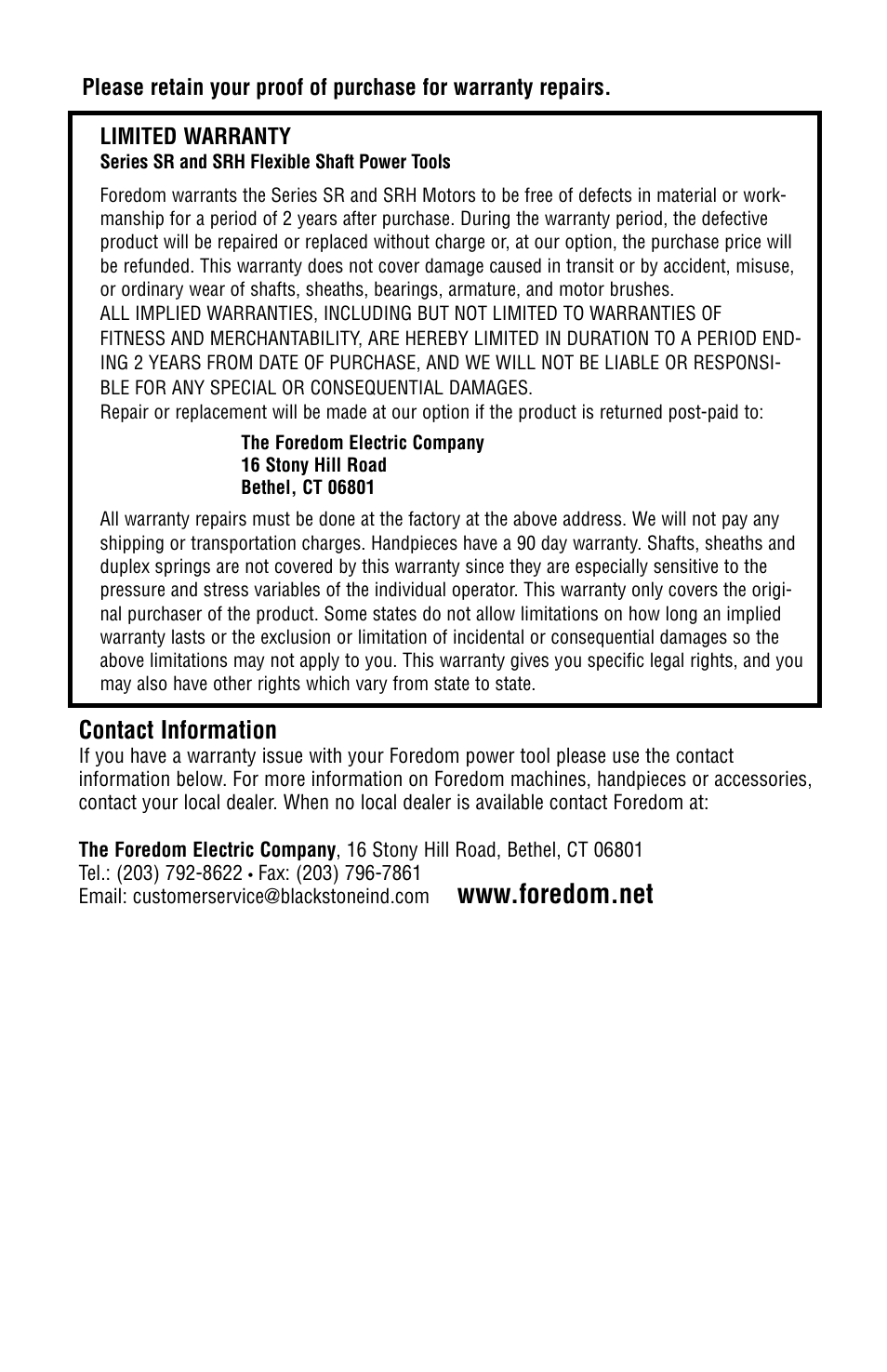 Contact information | Foredom Series SR User Manual | Page 16 / 16