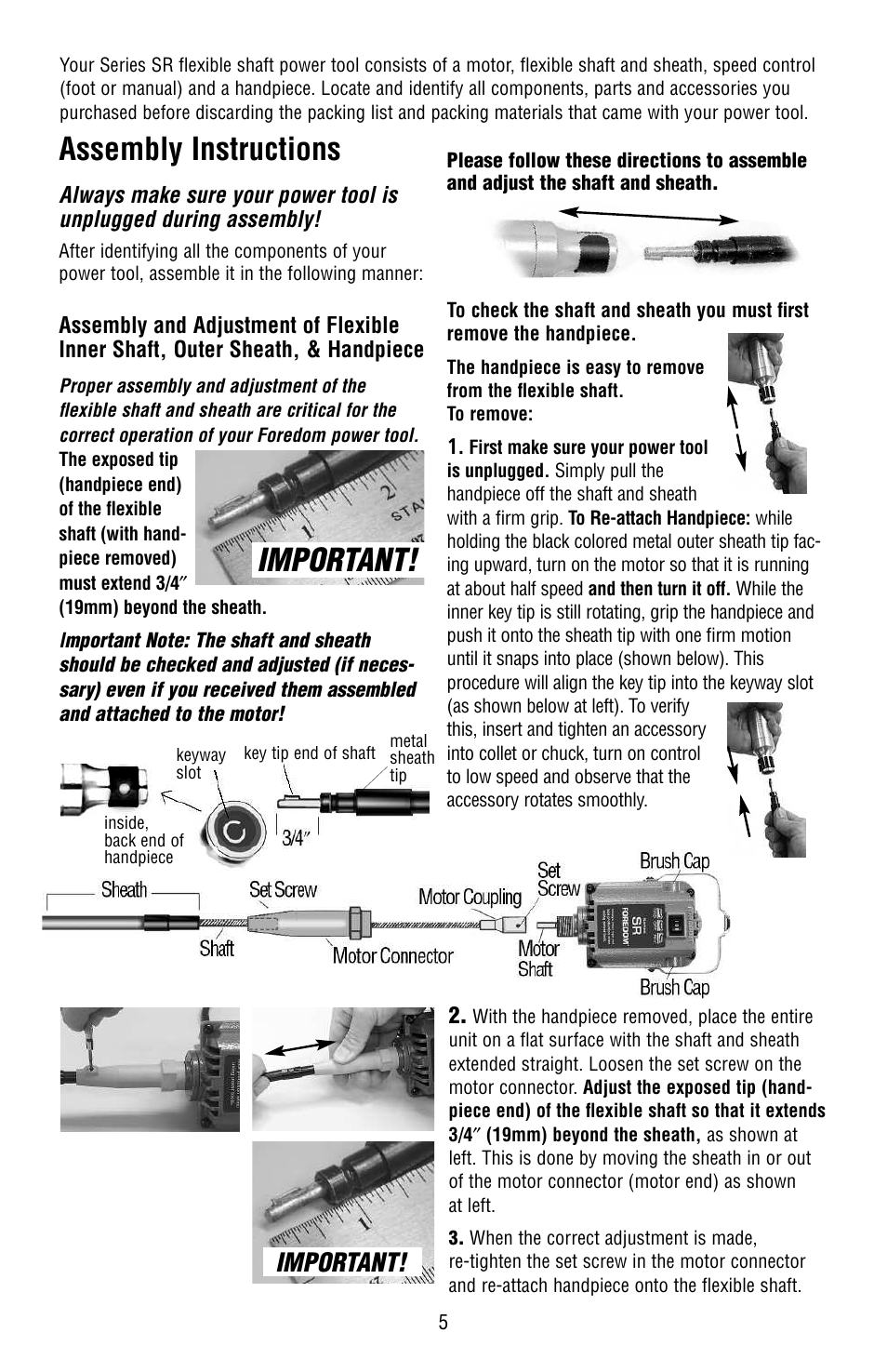 Assembly instructions, Important | Foredom Series SR User Manual | Page 5 / 16