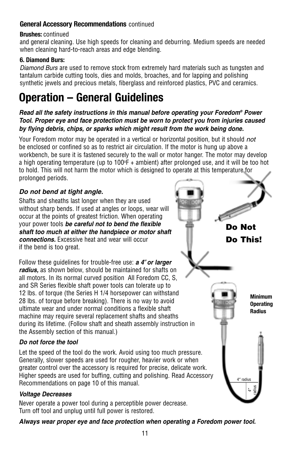 Operation – general guidelines, Do not do this, General accessory recommendations | Foredom Series S User Manual | Page 11 / 16