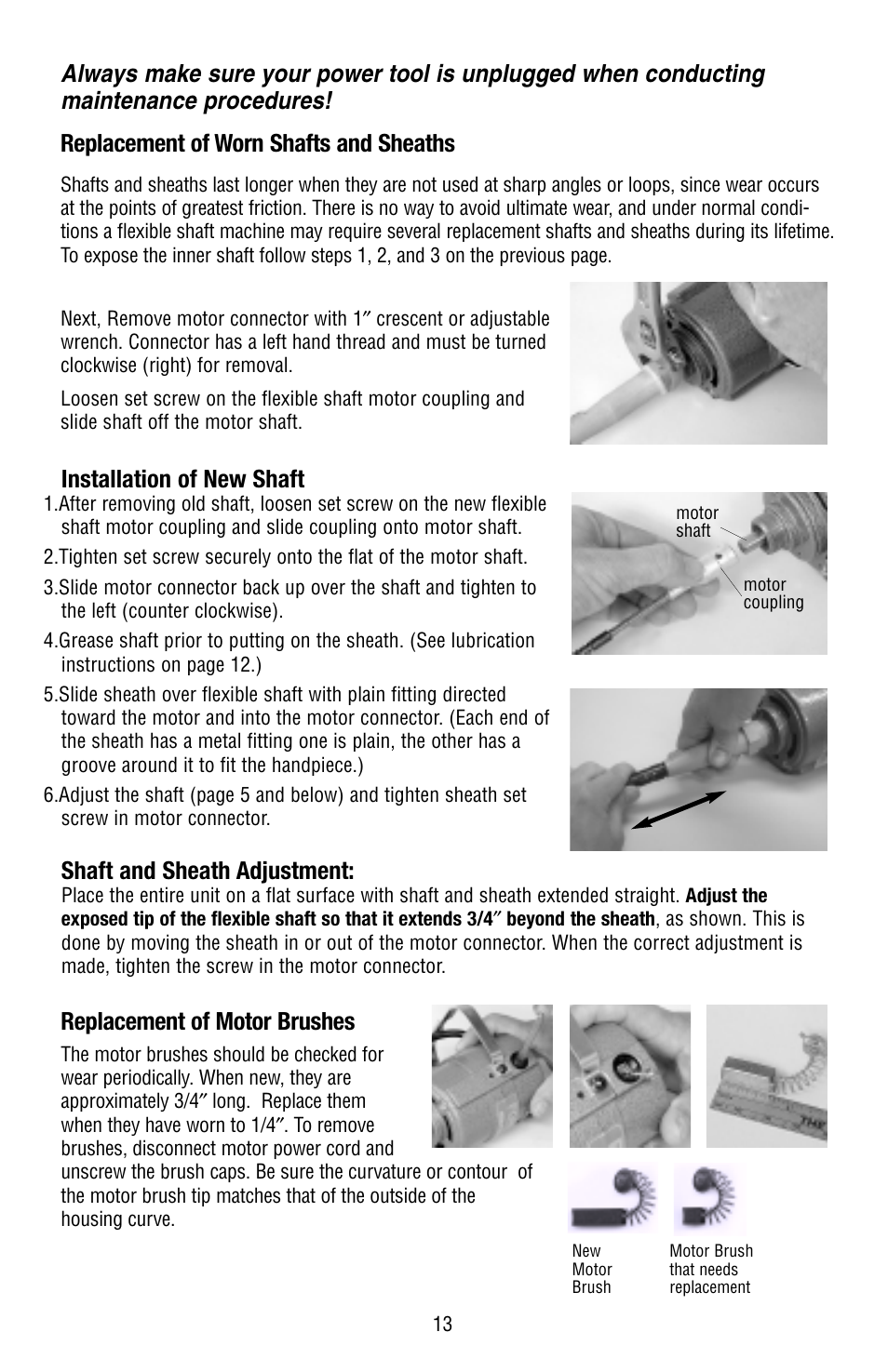 Installation of new shaft, Shaft and sheath adjustment, Replacement of motor brushes | Foredom Series S User Manual | Page 13 / 16