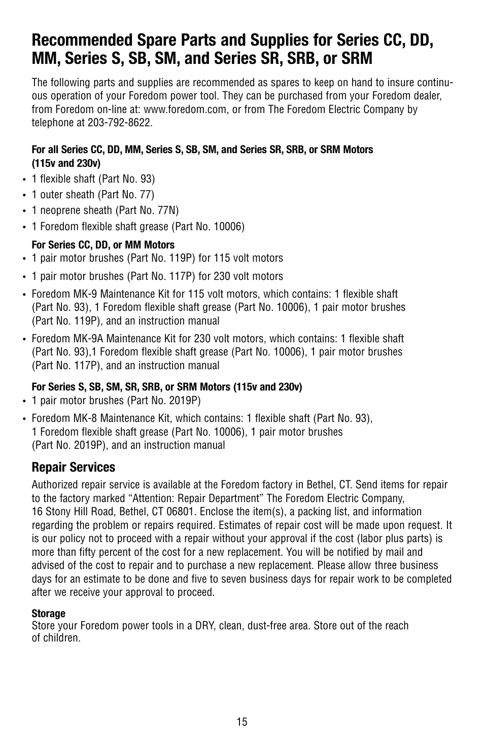 Repair services | Foredom Series S User Manual | Page 14 / 16