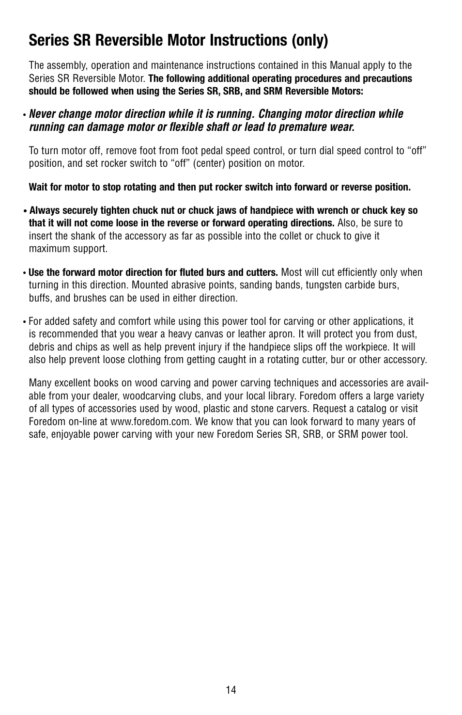 Series sr reversible motor instructions (only) | Foredom Series S User Manual | Page 15 / 16