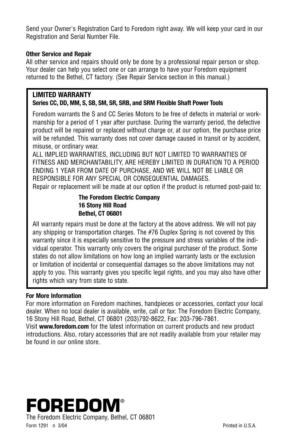 Foredom | Foredom Series S User Manual | Page 16 / 16