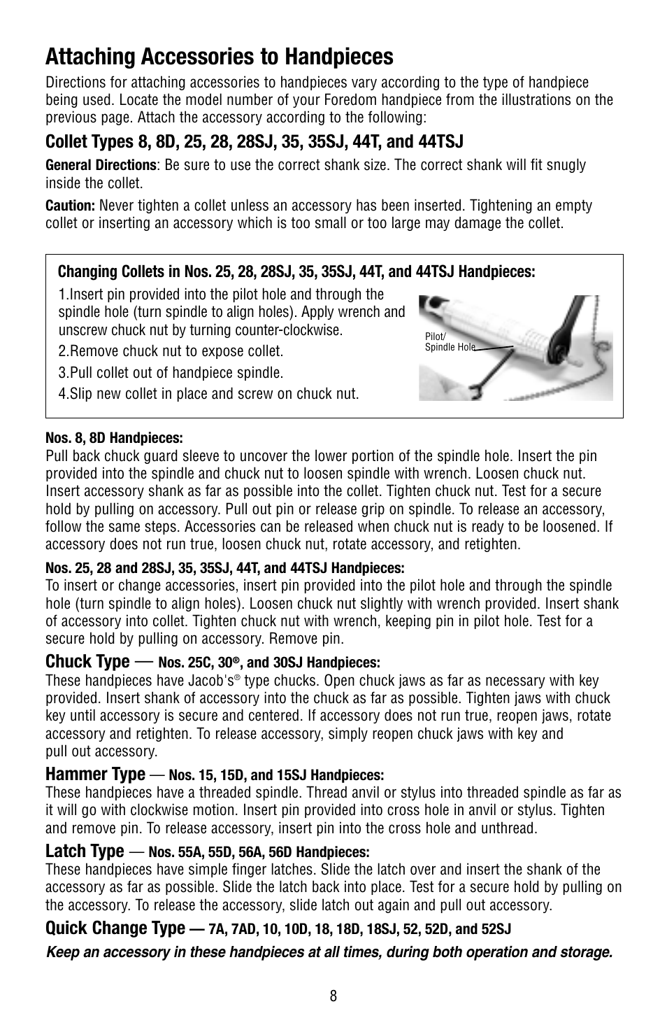 Attaching accessories to handpieces, Chuck type, Hammer type | Latch type, Quick change type | Foredom Series S User Manual | Page 8 / 16