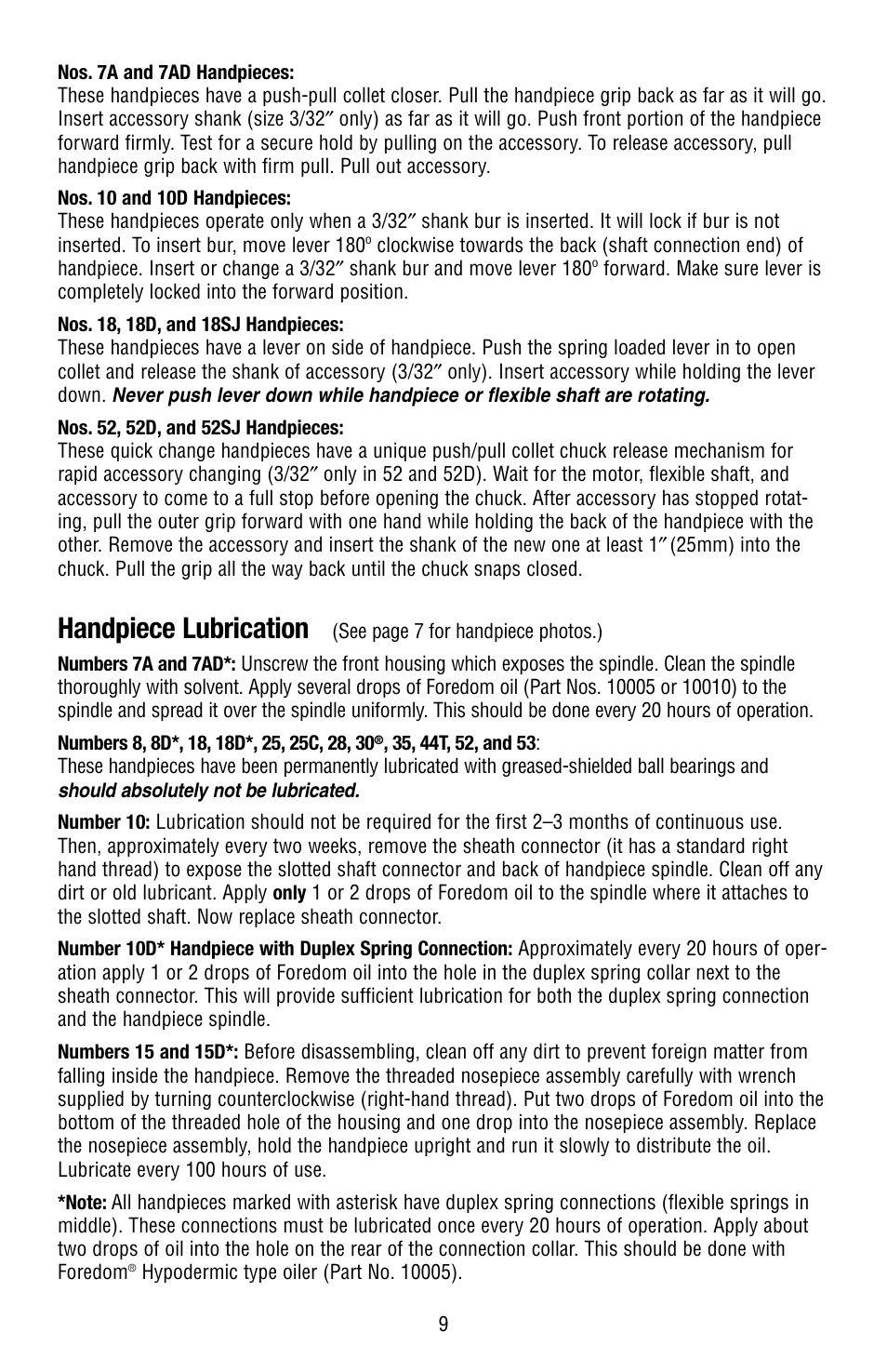 Handpiece lubrication | Foredom Series S User Manual | Page 9 / 16