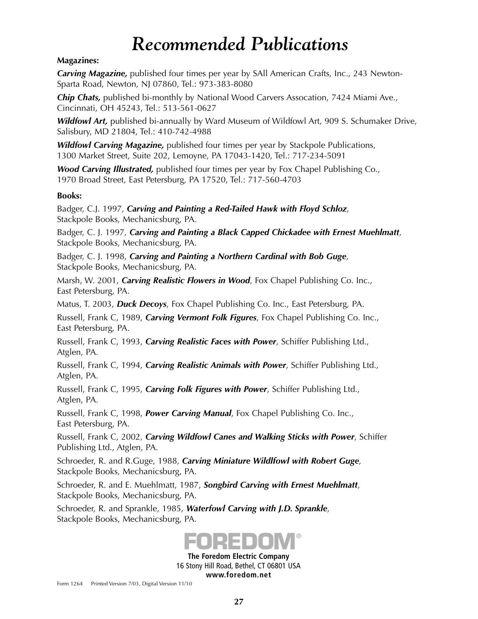 Foredom, Recommended publications | Foredom Series SR User Manual | Page 27 / 27