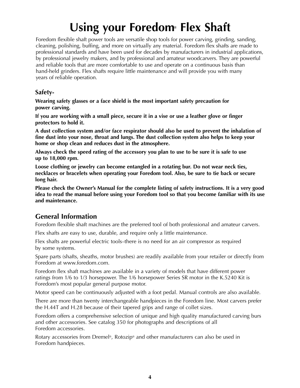 Using your foredom, Flex shaft | Foredom Series SR User Manual | Page 4 / 27