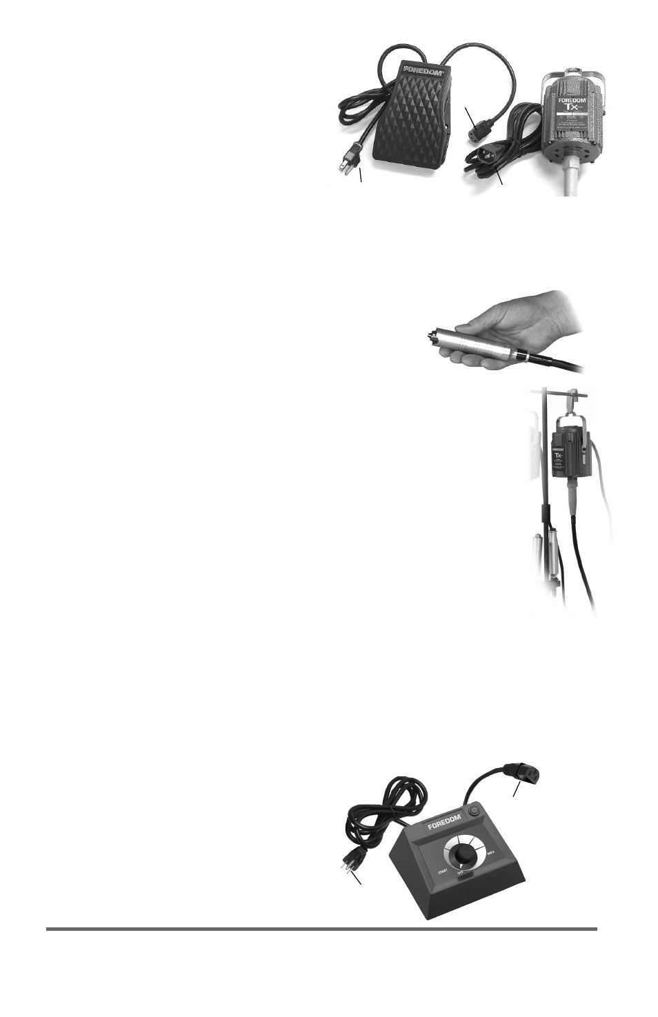 Never, Only, Serious motor damage will result | Hanging motor installation | Foredom Series TX User Manual | Page 6 / 16