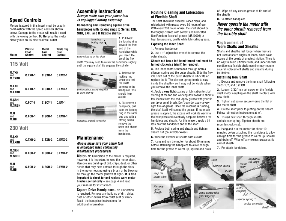 115 volt, 230 volt, Assembly instructions | Maintenance, Speed controls | Foredom Series H Motors User Manual | Page 2 / 2