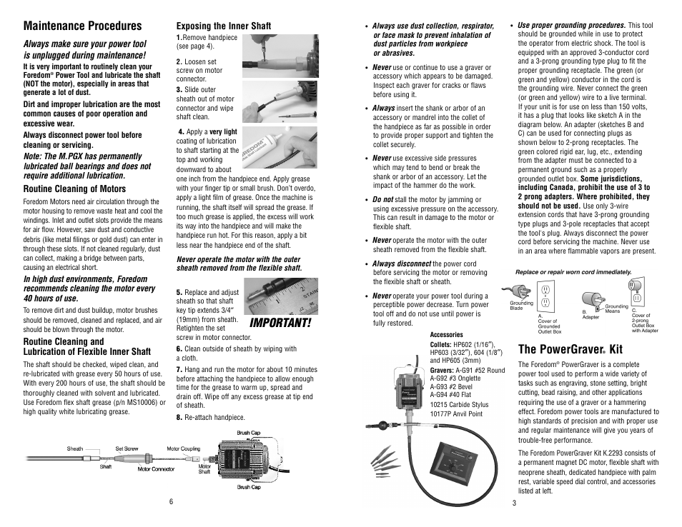 The powergraver, Maintenance procedures, Important | Foredom PowerGraver User Manual | Page 3 / 4