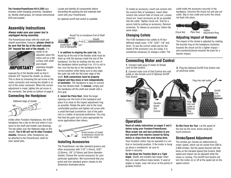 Important, Assembly instructions, Operation | Connecting motor and control, Connecting the handpiece, Installing accessories, Changing collets, Adjusting impact of hammer, Stroke/speed adjustment | Foredom PowerGraver User Manual | Page 4 / 4