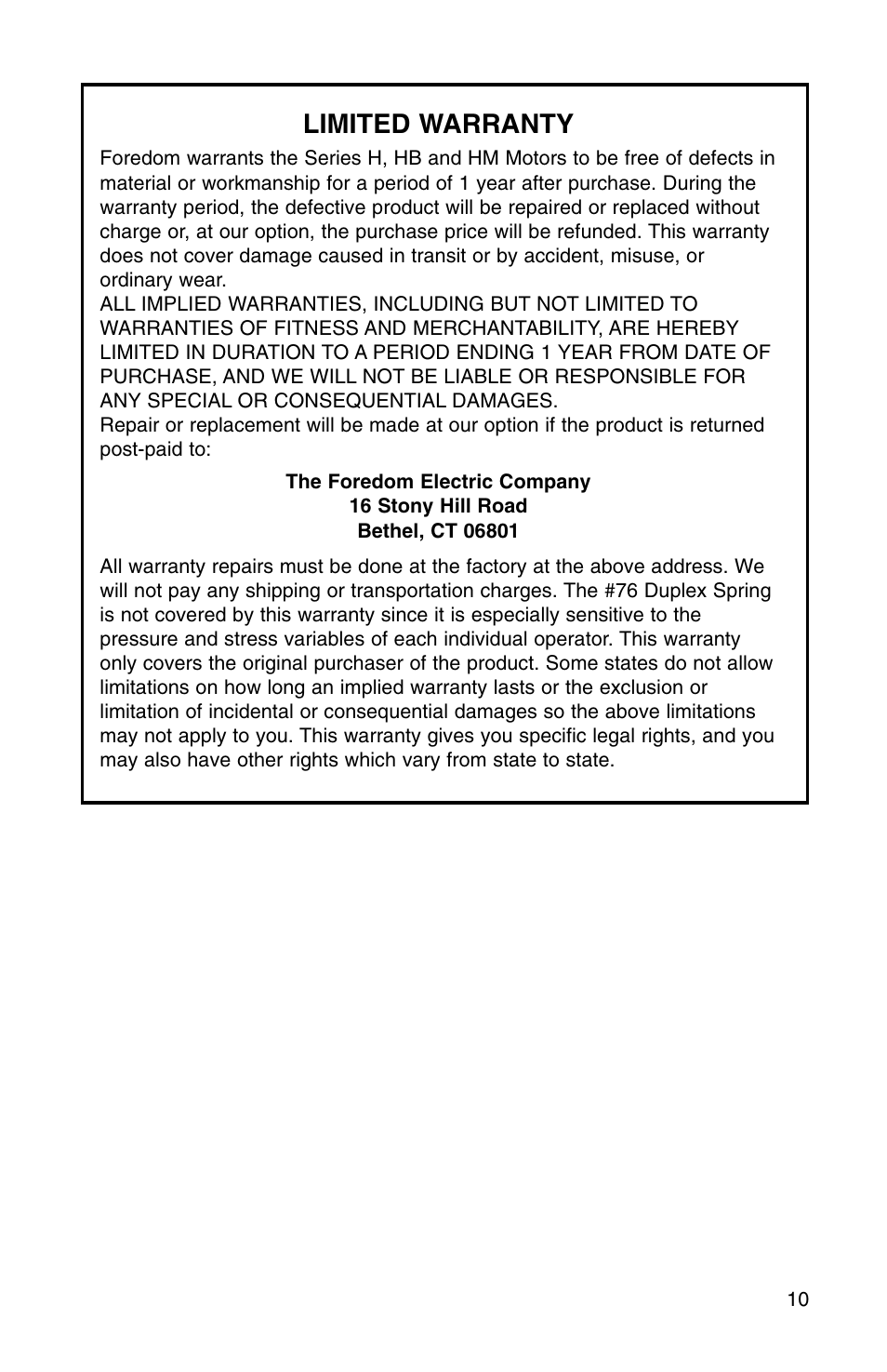 Limited warranty | Foredom Series H User Manual | Page 11 / 12