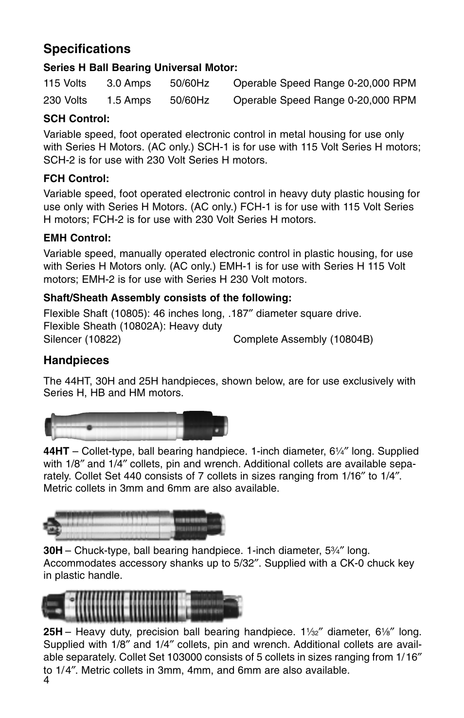 Specifications, Handpieces | Foredom Series H User Manual | Page 5 / 12