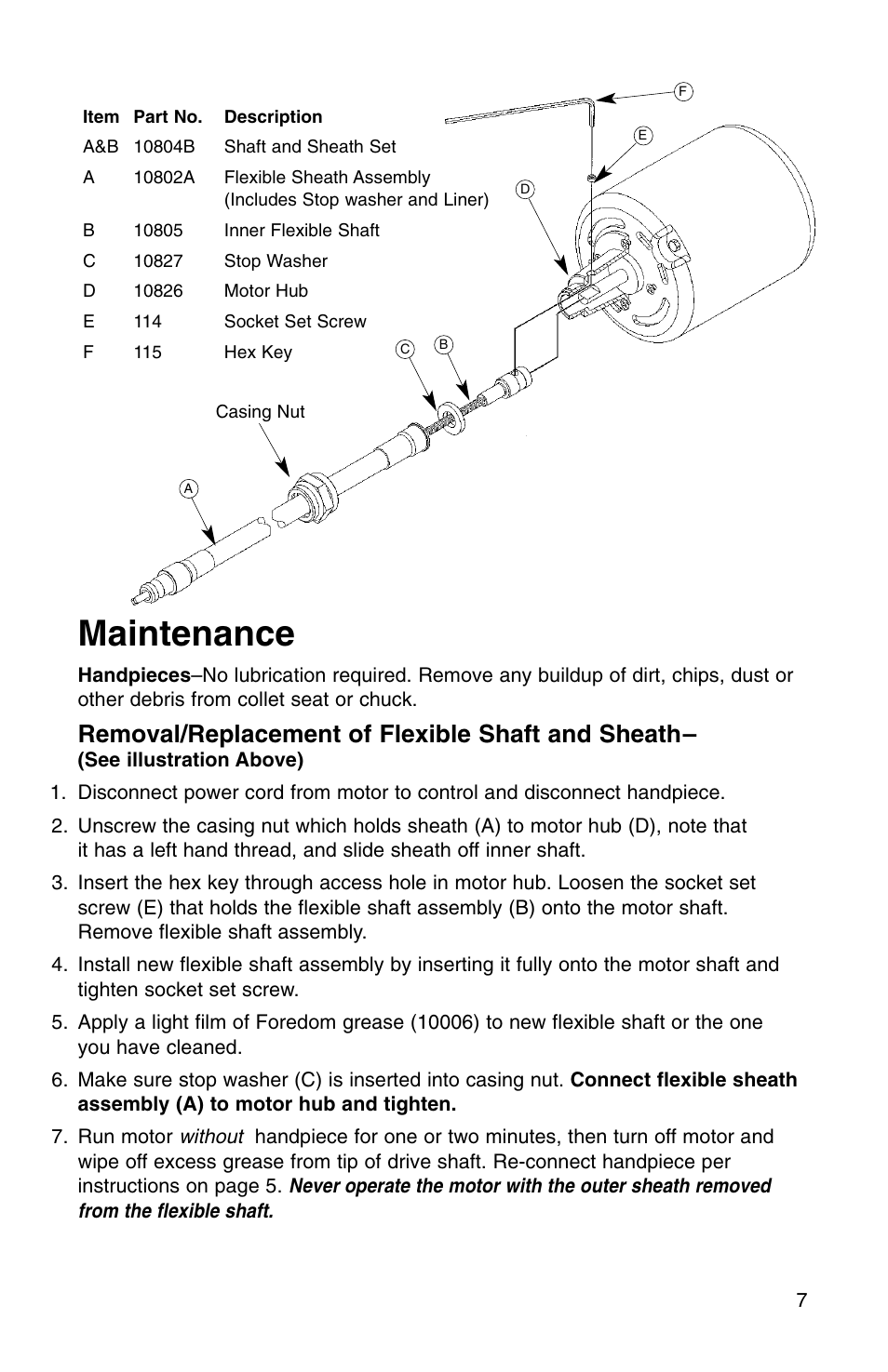 Maintenance, Removal/replacement of flexible shaft and sheath | Foredom Series H User Manual | Page 8 / 12