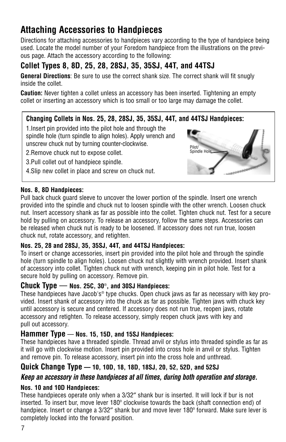 Attaching accessories to handpieces, Chuck type, Hammer type | Quick change type | Foredom Series L User Manual | Page 8 / 16