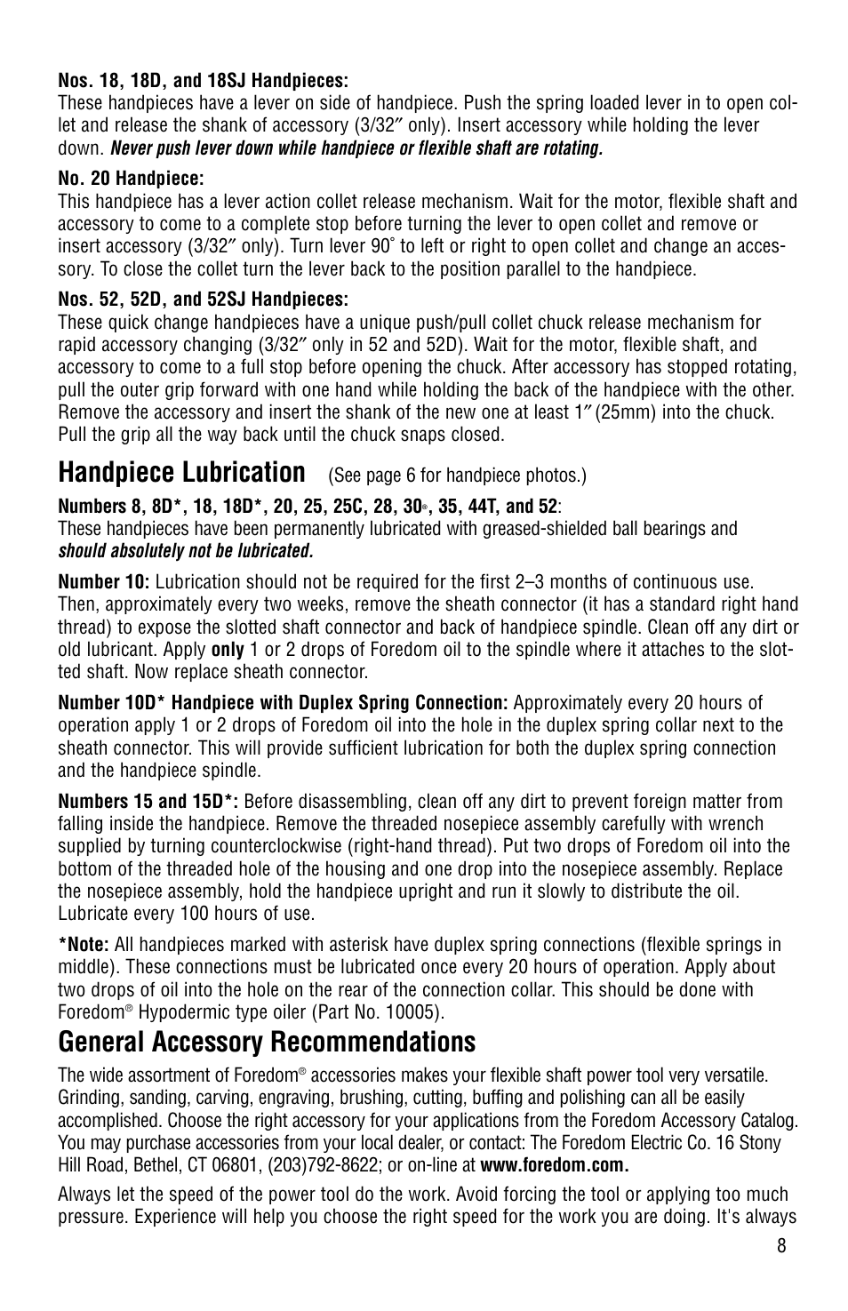 Handpiece lubrication, General accessory recommendations | Foredom Series L User Manual | Page 9 / 16