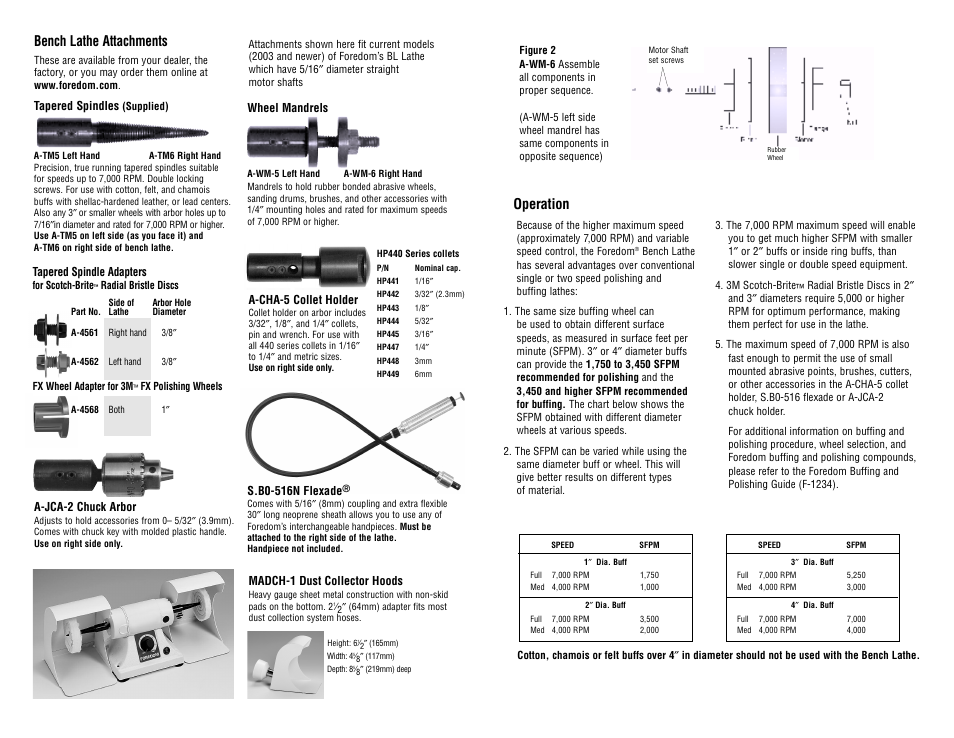 Operation, Bench lathe attachments | Foredom BL User Manual | Page 3 / 3