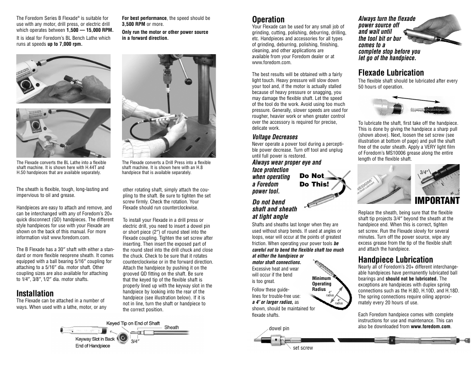 Important, Installation, Operation | Flexade lubrication, Handpiece lubrication | Foredom Flexades User Manual | Page 2 / 2