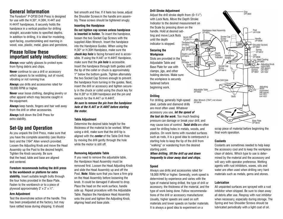 General information, Please follow these important safety instructions, Set-up and operation | Foredom P-DP30 User Manual | Page 2 / 2