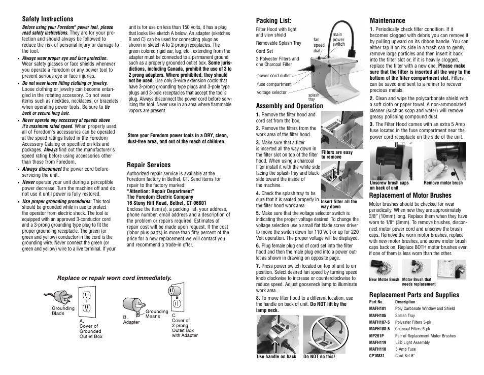 Repair services, Safety instructions, Packing list | Assembly and operation, Maintenance, Replacement of motor brushes, Replacement parts and supplies | Foredom MAFH25 User Manual | Page 2 / 2