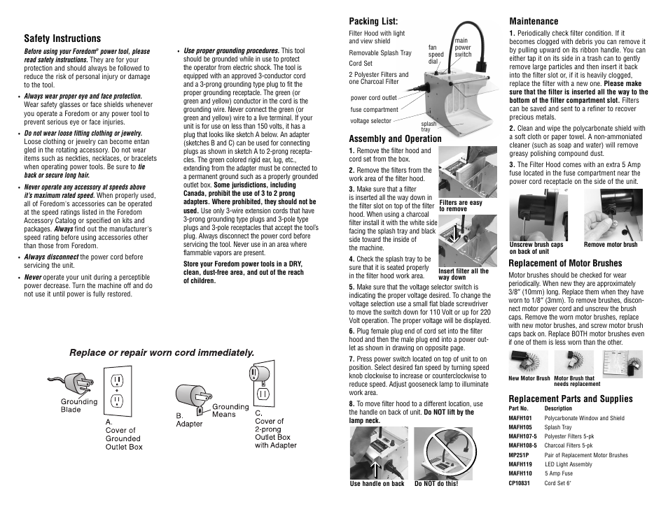Safety instructions | Foredom MAFH25 User Manual | Page 2 / 6