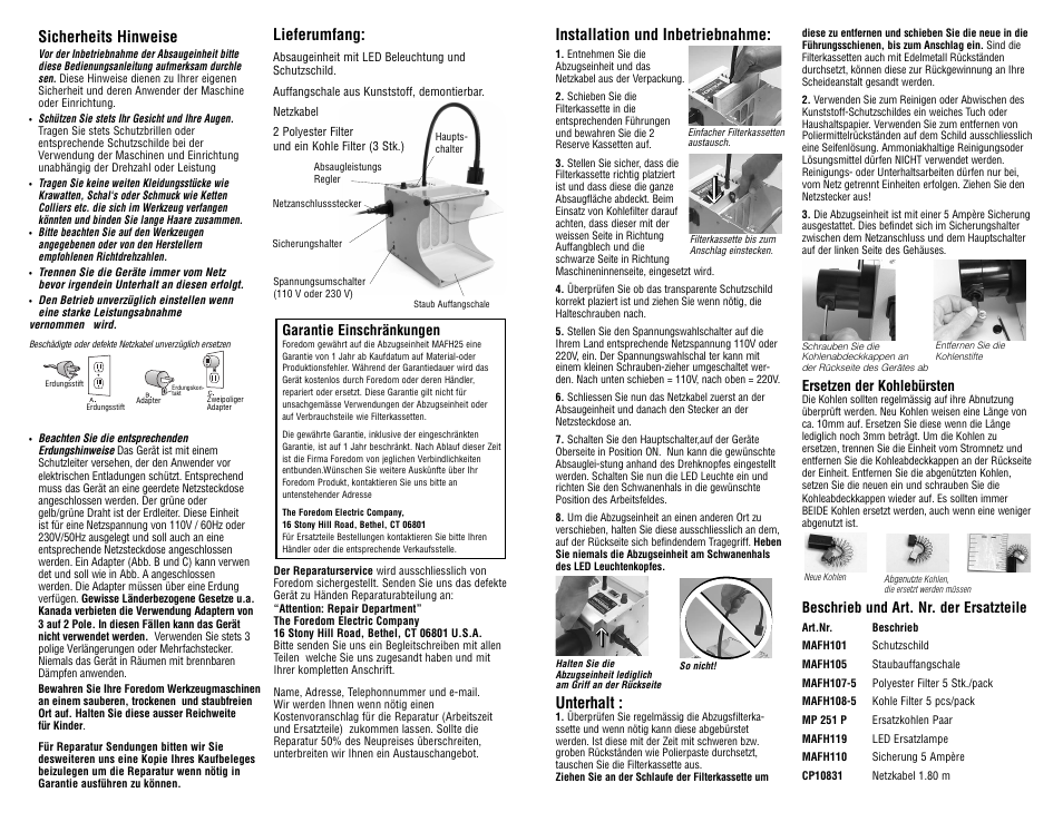 Sicherheits hinweise, Lieferumfang, Installation und inbetriebnahme | Unterhalt, Garantie einschränkungen, Ersetzen der kohlebürsten, Beschrieb und art. nr. der ersatzteile | Foredom MAFH25 User Manual | Page 6 / 6