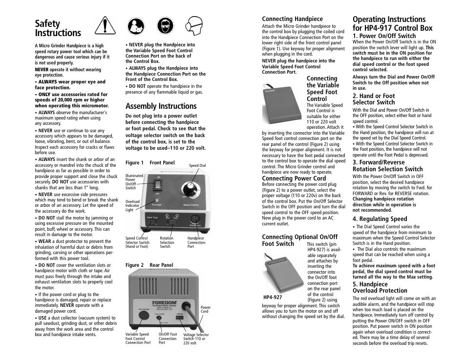 Safety instructions, Assembly instructions, Operating instructions for hp4-917 control box | Foredom K.1020 User Manual | Page 2 / 3