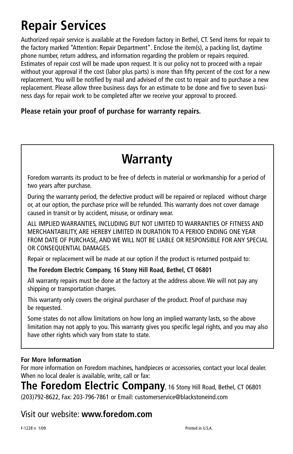 Repair services, Warranty, The foredom electric company | Foredom K.1050 User Manual | Page 12 / 12